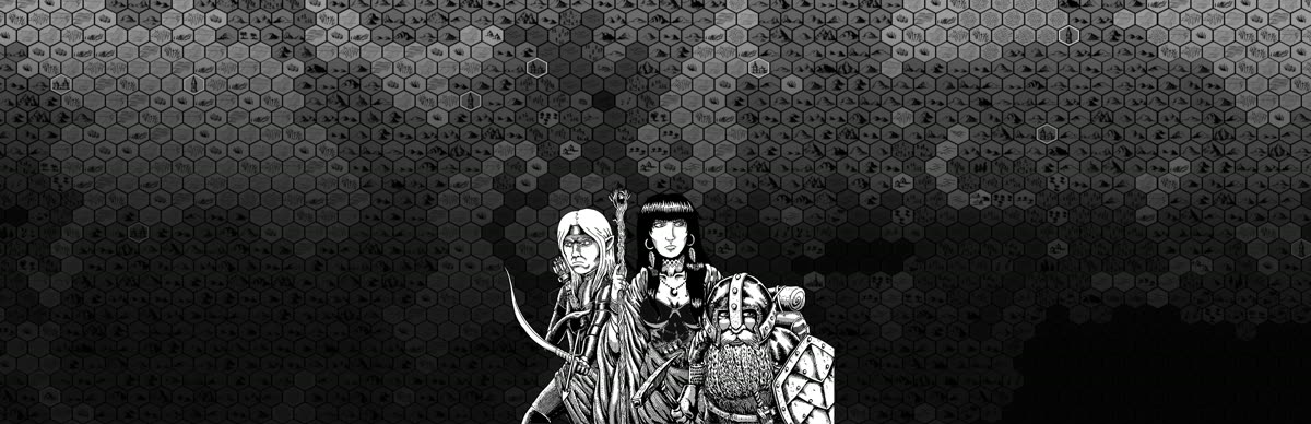 An elf archer, a mage with a staff, and a dwarf warrior stand before a hand-drawn hex map.