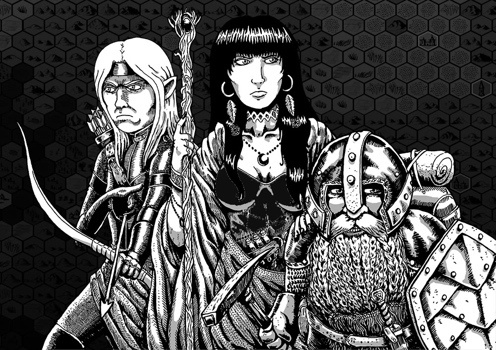 An elf archer, a mage with a staff, and a dwarf warrior from One More Adventure, in front of a hex map.