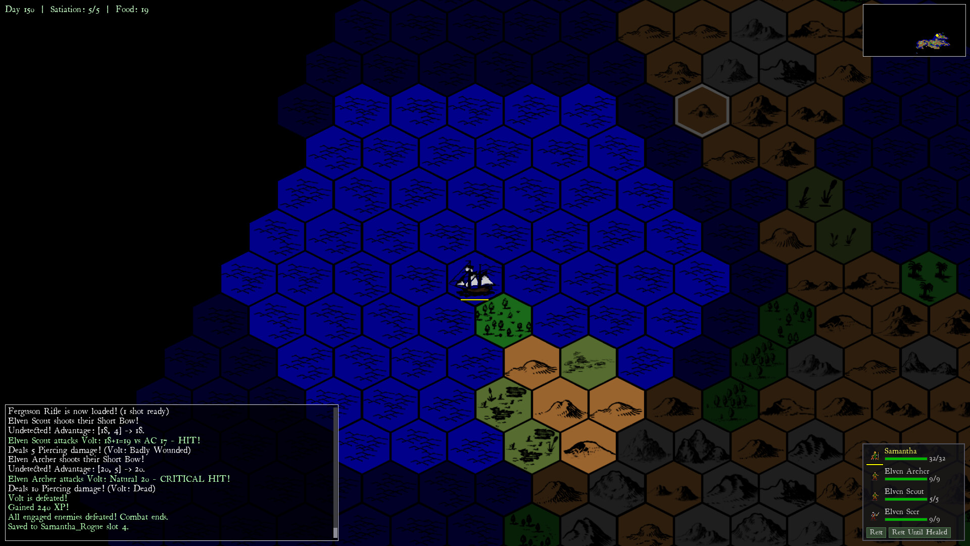 The world map: the party's ship at sea beside a coastline, with the combat log in the corner.