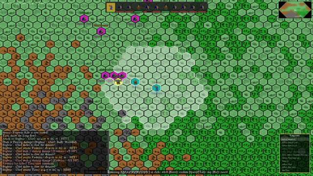 An open-world battle in grassland, with the turn order along the top.